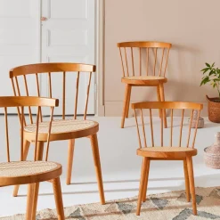 4er-Set Stühle aus Holz und Rattan-Geflecht
