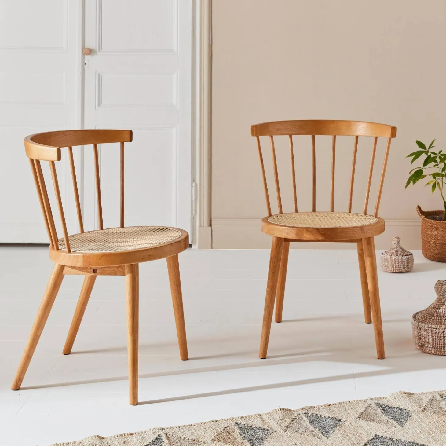2er-Set Stühle aus Holz und Rohrgeflecht