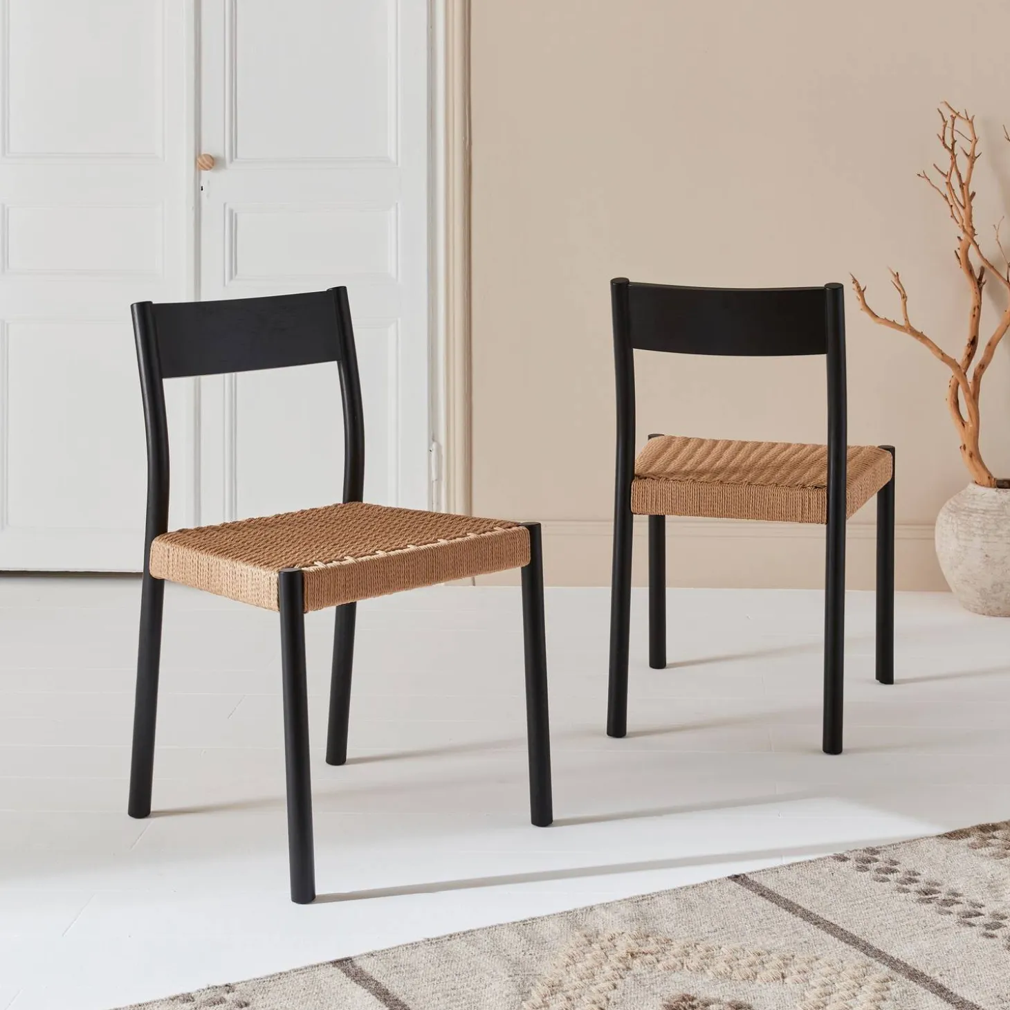 2er-Set Stühle aus Holz und Seilgeflecht
