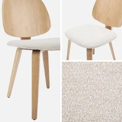 2er-Set Stühle, gewölbtes Holz mit Dekor und Bouclé-Bezug
