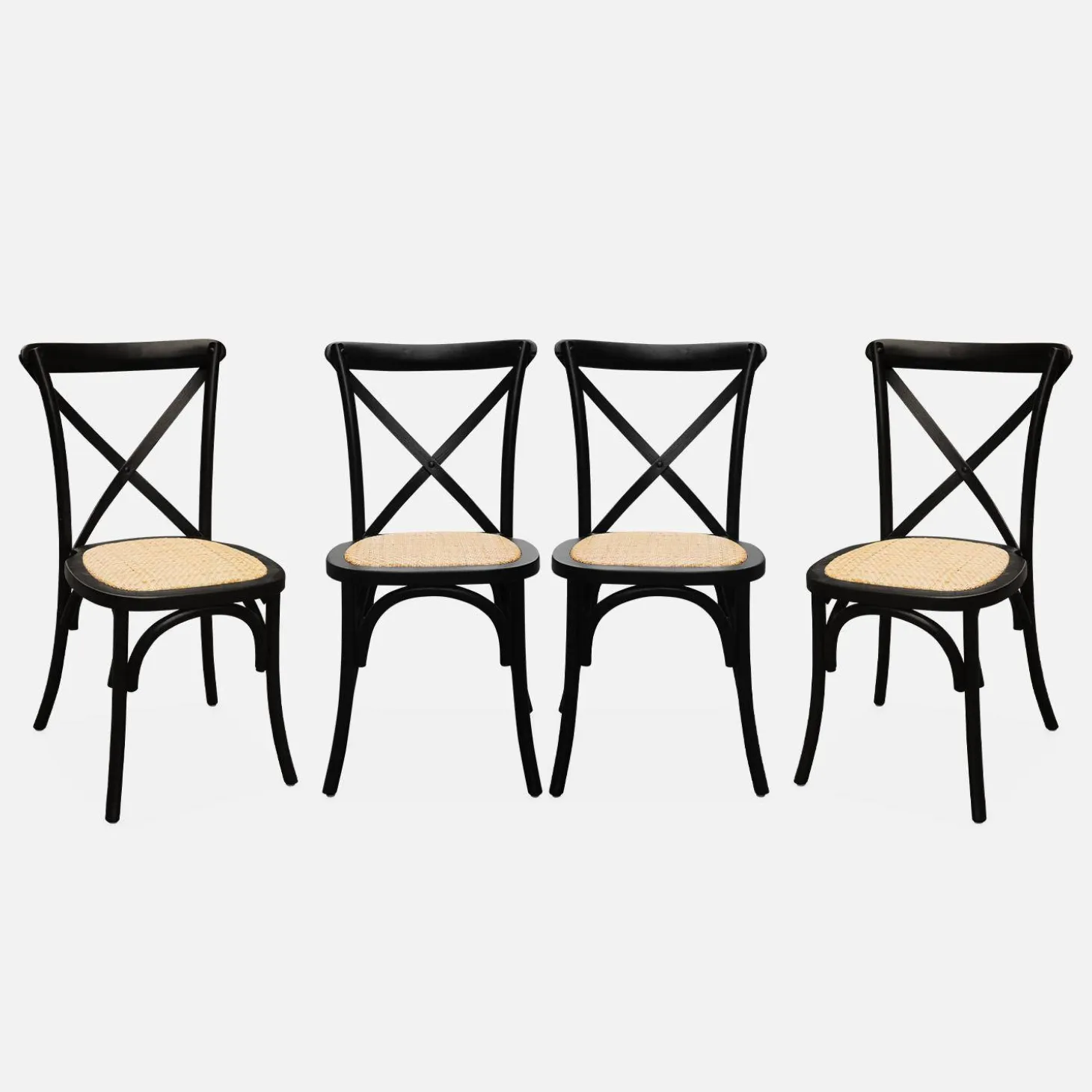 4er-Set Vintage Bistro-Stühle aus Holz mit Rattan