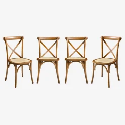 4er-Set Vintage Bistro-Stühle aus Holz mit Rattan