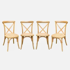4er-Set Vintage Bistro-Stühle aus Holz mit Rattan