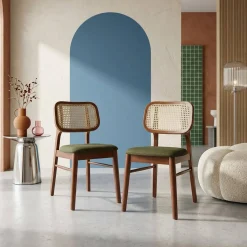 2er-Set Vintage-Stühle aus Heveaholz mit Rattan-Geflecht