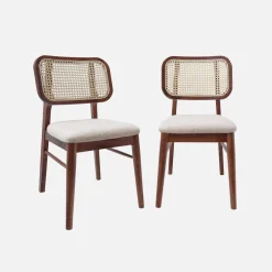 2er-Set Vintage-Stühle aus Heveaholz mit Rattan-Geflecht und Bouclé-Sitz