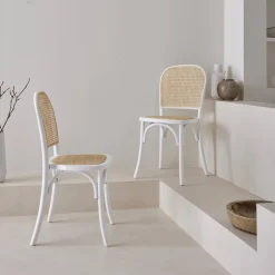 2er-Set Vintage-Stühle aus Holz und Rattan-Geflecht