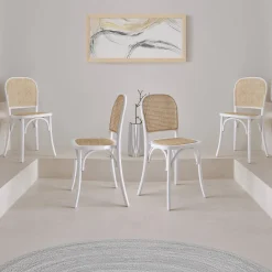 4er-Set Vintage Stühle aus Holz und Rattan-Geflecht