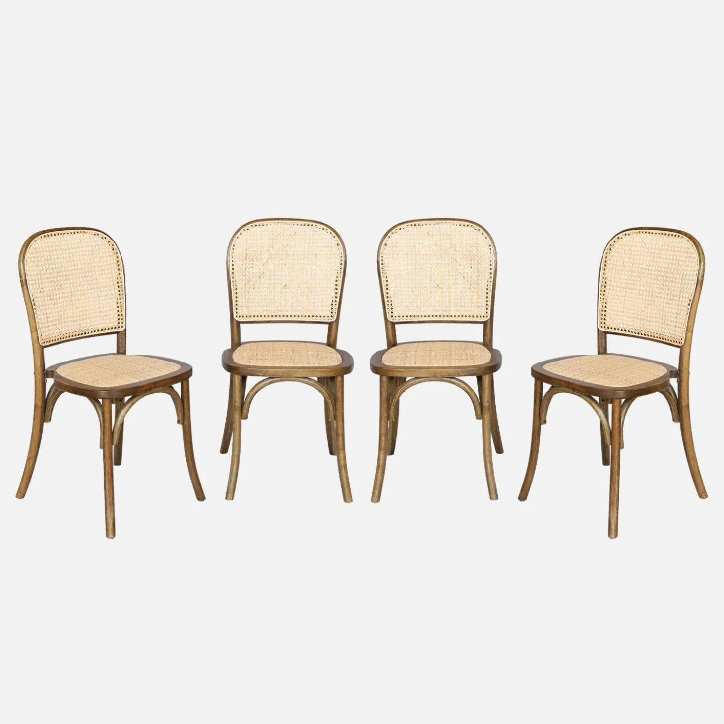 4er-Set Vintage Stühle aus Holz und Rattan-Geflecht