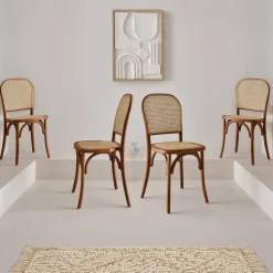 4er-Set Vintage Stühle aus Holz und Rattan-Geflecht