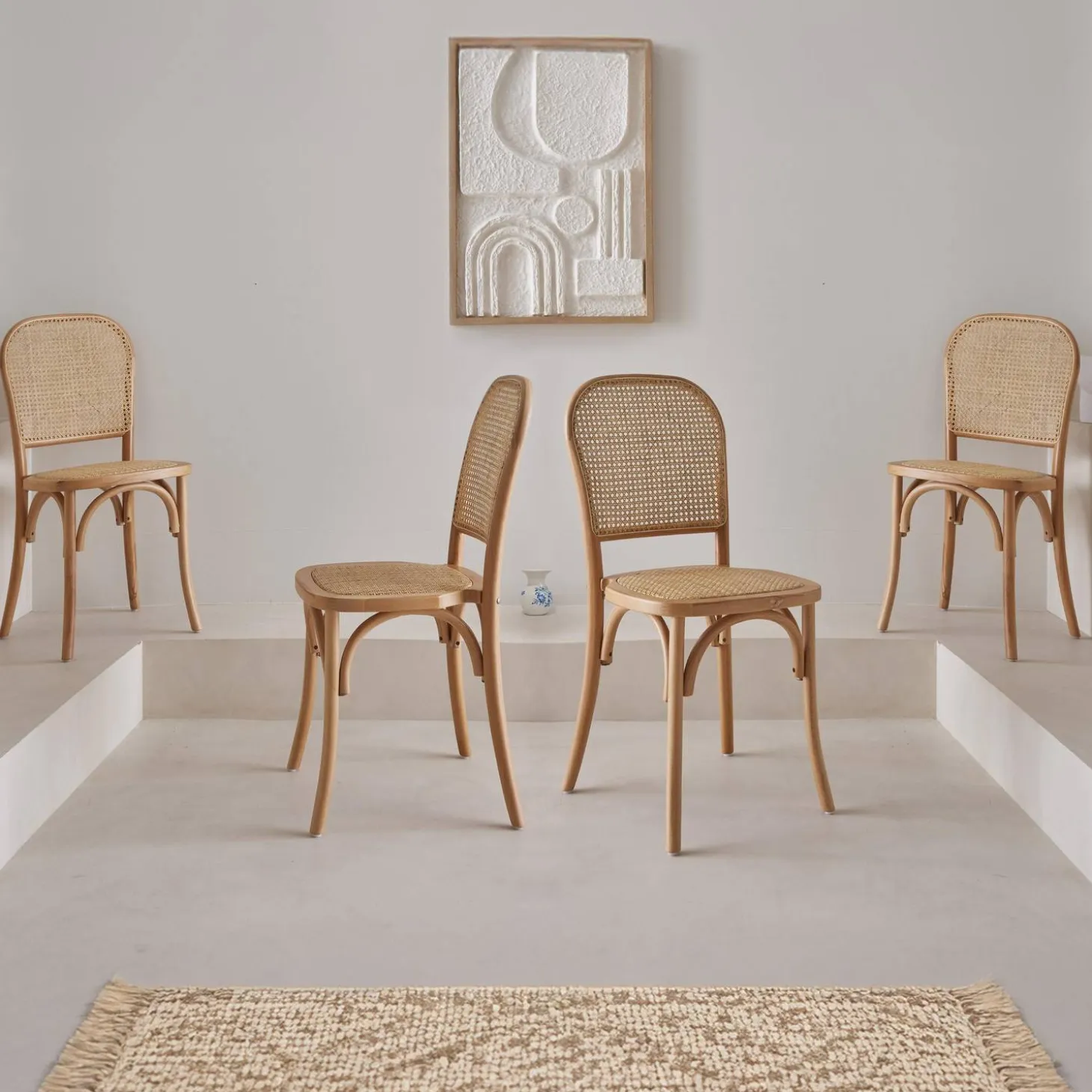 4er-Set Vintage Stühle aus Holz und Rattan-Geflecht