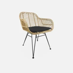 Esstisch aus Holz und Metall, 190 cm + 2 Sessel und 4 Stühle aus Rattan