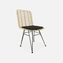 Esstisch aus Holz und Metall, 190 cm + 2 Sessel und 4 Stühle aus Rattan