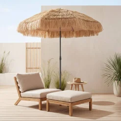 Exotischer gerader Sonnenschirm aus Stahl mit Holz- und Strohimitation