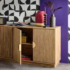 Exotisches Sideboard mit 4 Türen in Mangoholz-Optik mit Rillen 180cm