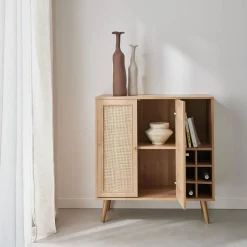 Flaschenschrank mit Rattan-Geflecht und Holzdekor