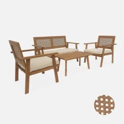 Garten-Essgruppe aus Holz und Rattan, 4 Sessel