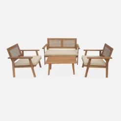Garten-Essgruppe aus Holz und Rattan, 4 Sessel