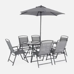 Garten-Essgruppe aus Stahl mit Tisch, 6 Sesseln und Sonnenschirm