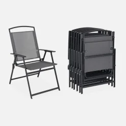 Garten-Essgruppe aus Stahl mit Tisch, 6 Sesseln und Sonnenschirm