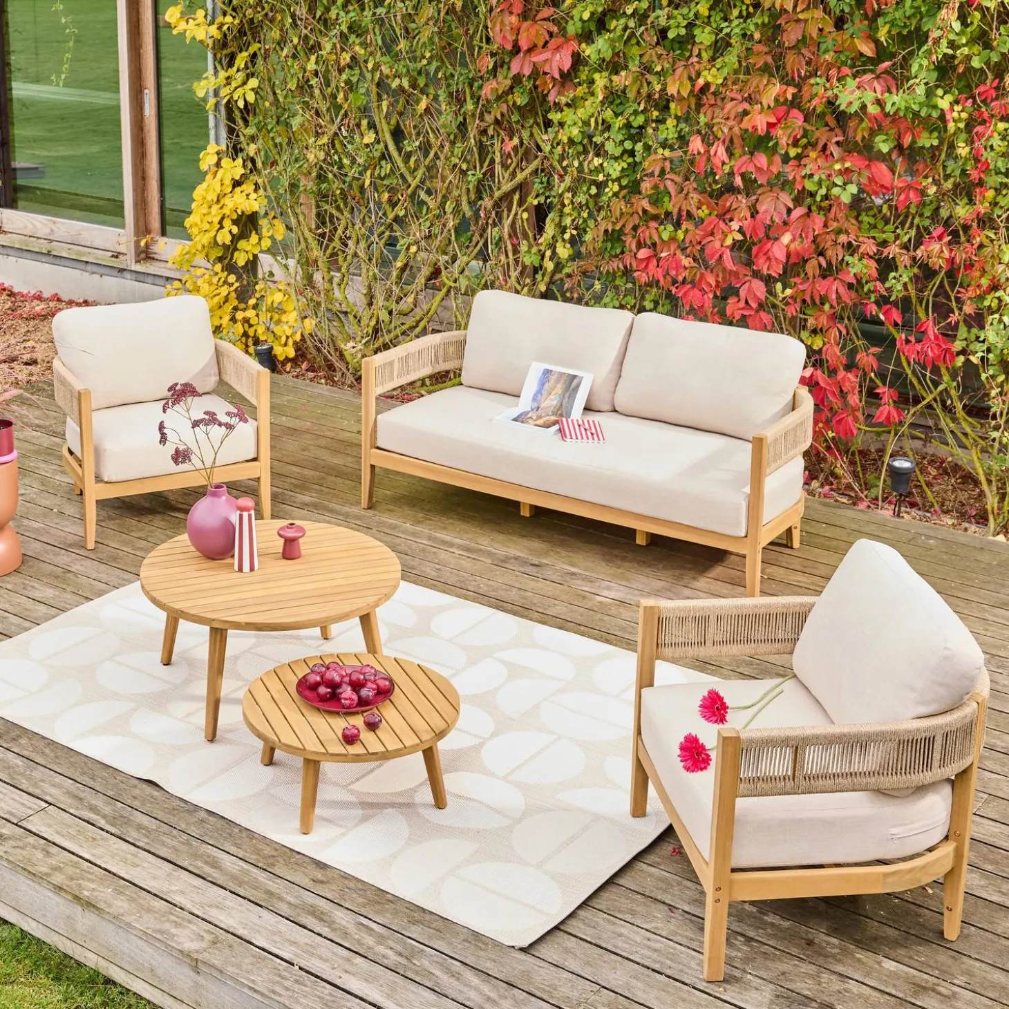 Gartenmöbelset aus Akazienholz mit Seilbespannung für 4 Personen
