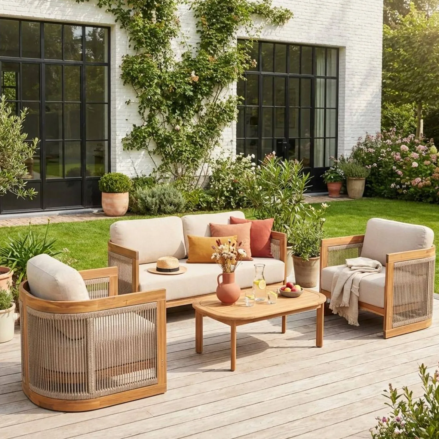 Gartenmöbelset aus Akazienholz mit Seilbespannung für 4 Personen