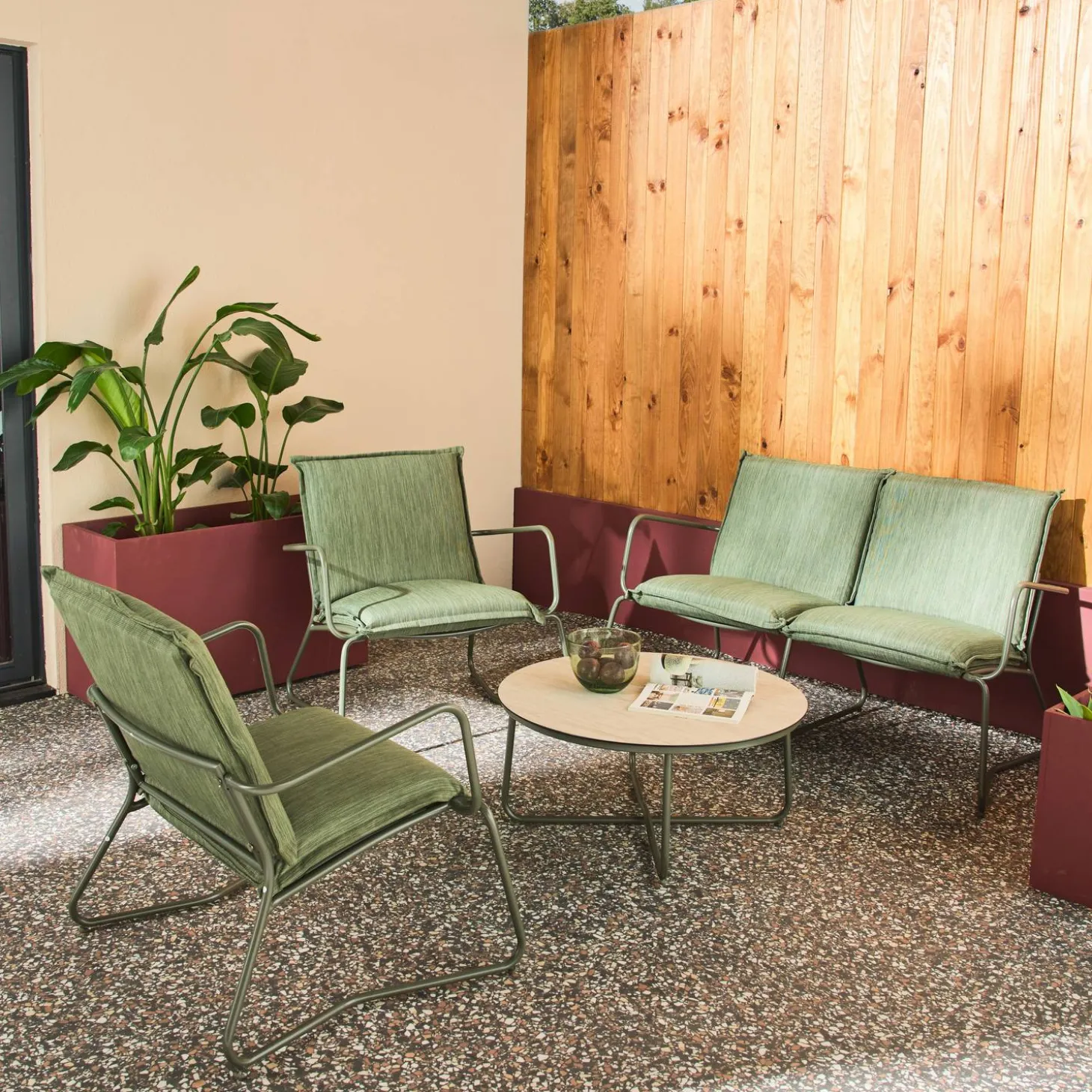 Gartenmöbel-Set aus Stahl, Glas und Textilene für 4 Personen
