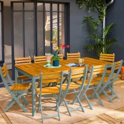 Gartentisch aus Akazie mit abgerundeten Ecken, 10 Stühle