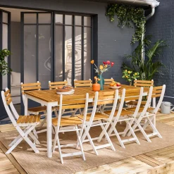 Gartentisch aus Akazie mit abgerundeten Ecken, 10 Stühle