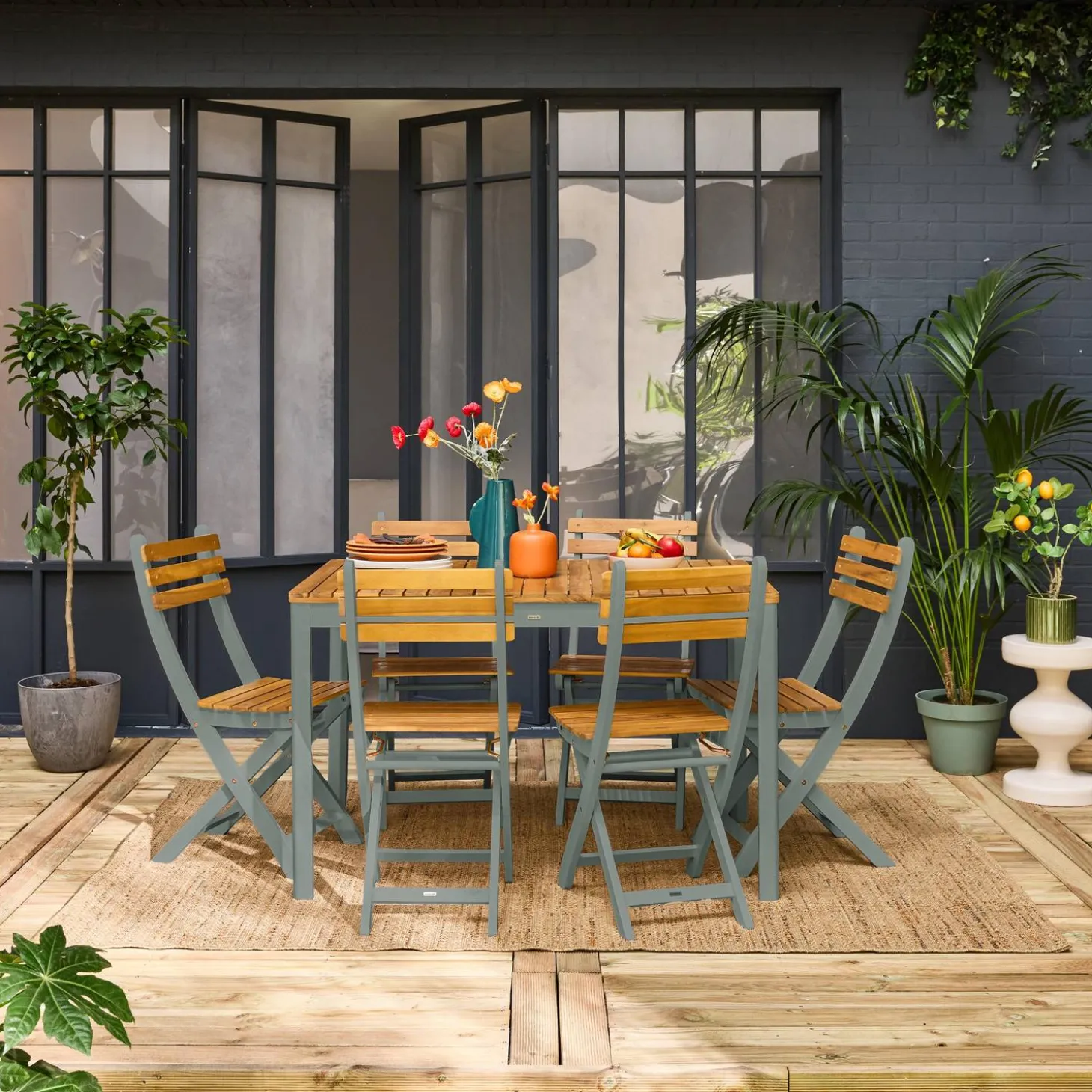 Gartentisch aus Akazienholz mit abgerundeten Ecken, 6 Stühle