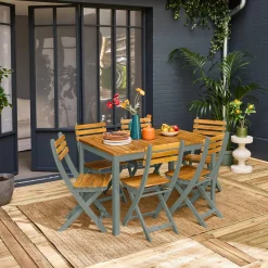 Gartentisch aus Akazienholz mit abgerundeten Ecken, 6 Stühle