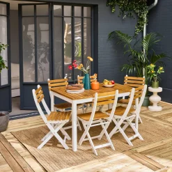 Gartentisch aus Akazienholz mit abgerundeten Ecken, 6 Stühle