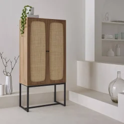 Geschirrschrank mit Rattan-Geflecht und Holzdekor 2 Türen 165 cm