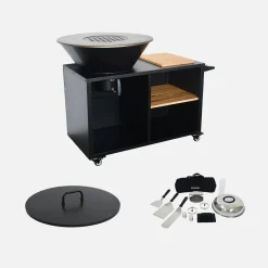 Grill-Feuerschale Ø 80 cm, Servierwagen mit Stauraum, Deckel und Zubehör