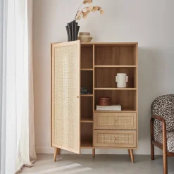 Highboard mit Rattan-Geflecht und Holzdekor 1 Tür, 2 Schubladen