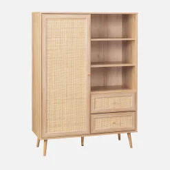 Highboard mit Rattan-Geflecht und Holzdekor 1 Tür, 2 Schubladen