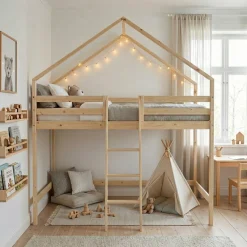 Hochbett für Kinder Hütte 90 x 190 cm aus naturbelassenem Kiefernholz
