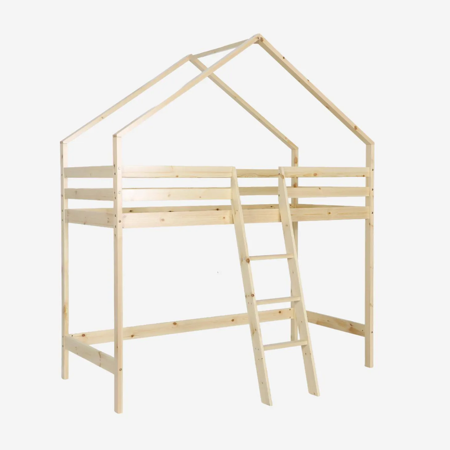 Hochbett für Kinder Hütte 90 x 190 cm aus naturbelassenem Kiefernholz