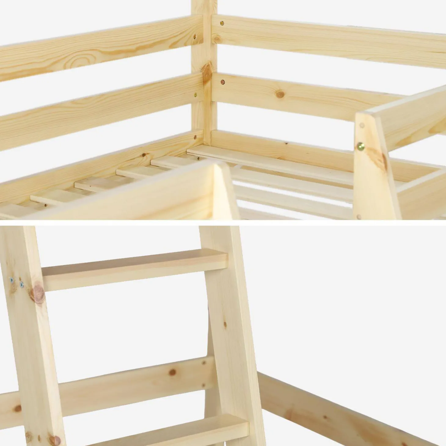 Hochbett für Kinder Hütte 90 x 190 cm aus naturbelassenem Kiefernholz