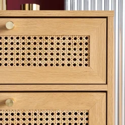 Hochkommode Holzdekor und Rattan-Geflecht 4 Schubladen