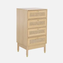 Hochkommode Holzdekor und Rattan-Geflecht 4 Schubladen