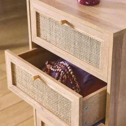 Hochkommode mit Holzdekor, Rattan-Geflecht und 4 Schubladen