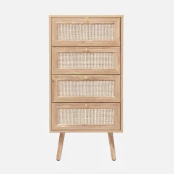 Hochkommode mit Holzdekor, Rattan-Geflecht und 4 Schubladen