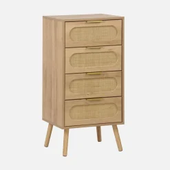 Hochkommode mit Holzdekor und Rattangeflecht 4 Schubladen
