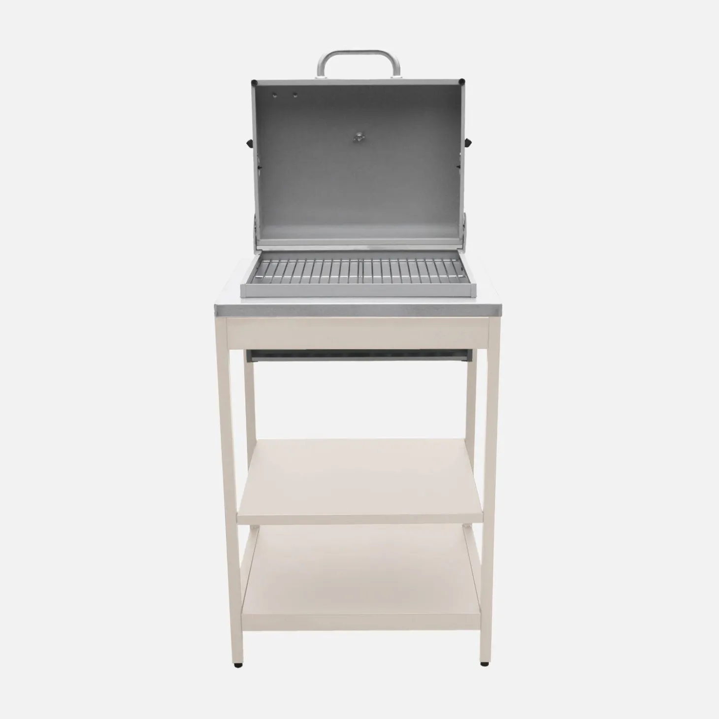 Holzkohlegrill und Räucherofen auf Beinen, 2 Regalböden