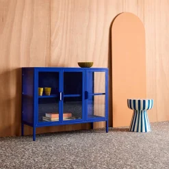 Industrielles Sideboard aus Metall und gehärtetem Glas mit 3 Türen, 100 cm
