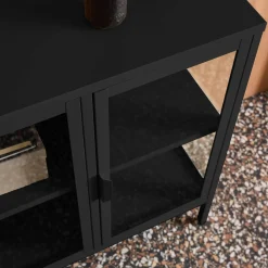 Industrielles Sideboard aus Metall und gehärtetem Glas mit 3 Türen, 100 cm