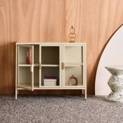 Industrielles Sideboard aus Metall und gehärtetem Glas mit 3 Türen, 100 cm