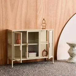 Industrielles Sideboard aus Metall und gehärtetem Glas mit 3 Türen, 100 cm