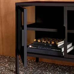 Industrielles TV-Möbel aus Metall und gehärtetem Glas mit 3 Türen, 120 cm