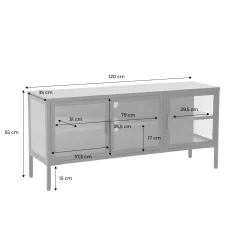 Industrielles TV-Möbel aus Metall und gehärtetem Glas mit 3 Türen, 120 cm